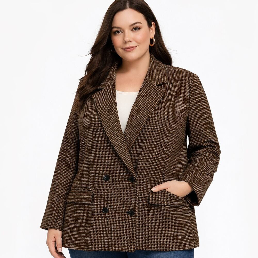 Old Navy Womens XXL Brown Houndstooth Blazer Jacket Double Breasted Career Work